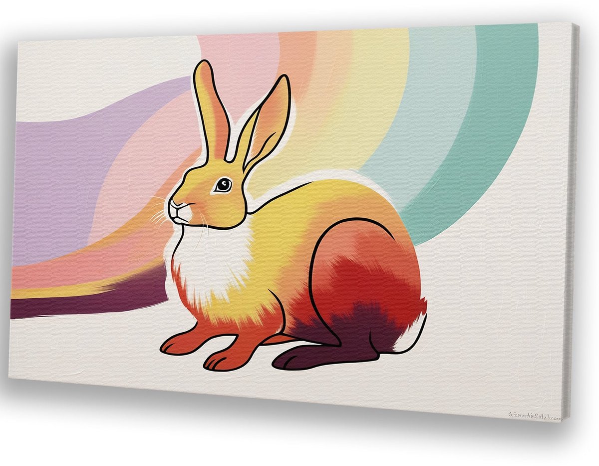 Kleurrijk konijn met regenboog - Konijn wanddecoratie - Wanddecoratie canvas dieren - Pop Art - Interieurdecoratie - Decoratie slaapkamer - canvas 90x60 cm