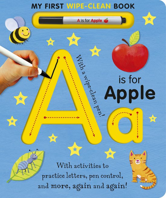 Mijn eerste schrijfboek: de letter A, appel, bij en een katje. Met een uitwisbare stift.