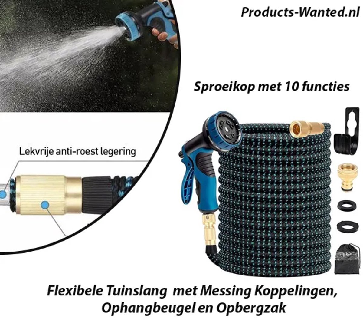 30 Meter Flexibele Tuinslang met Messing Koppelingen, Ophangbeugel en Opbergzak