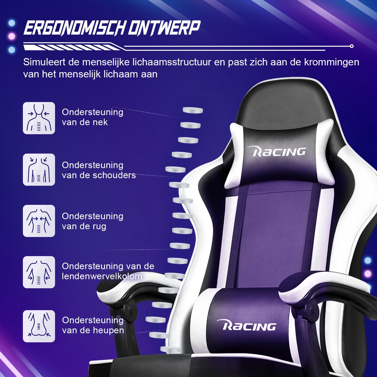 Afbeelding 2 van Elekiatech Gaming Stoel - Gamestoel mit 90°-170° Rugleuning - Gaming Chair met Inklapbare Voetensteun - Game Stoel met Zachte Armleuningen - Max. Draagvermogen 150 kg