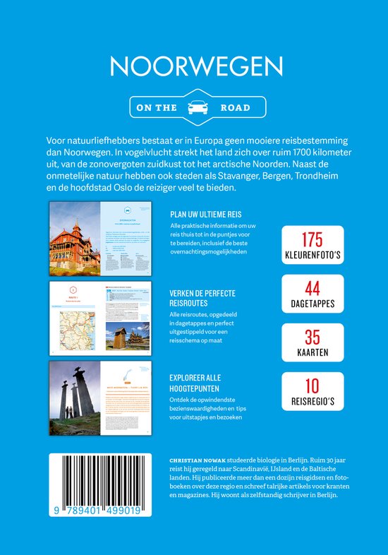 Boek met de titel Noorwegen On The Road. Bevat 175 kleurefoto's, 44 dagetappen, 35 kaarten en 10 reisregio's.