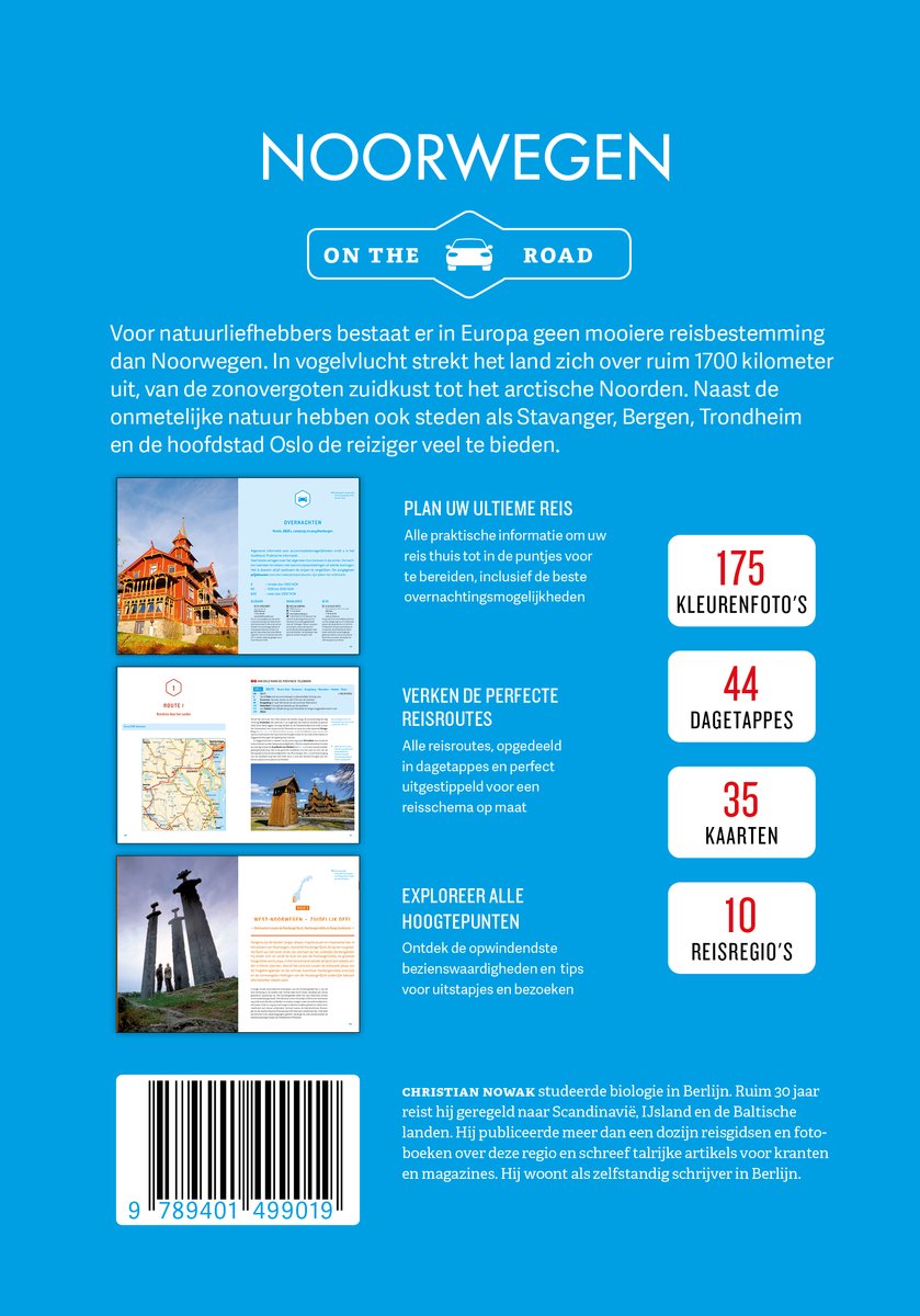 Boek met de titel Noorwegen On The Road. Bevat 175 kleurefoto's, 44 dagetappen, 35 kaarten en 10 reisregio's.