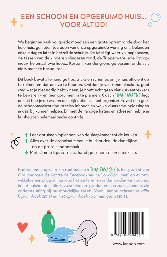 Achterkant van het boek 'Grip op je huishouden'. Tekst en illustraties van schoonmaakartikelen.