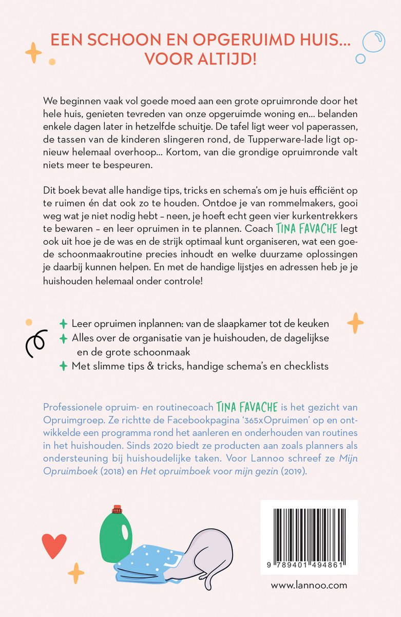 Achterkant van het boek 'Grip op je huishouden'. Tekst en illustraties van schoonmaakartikelen.