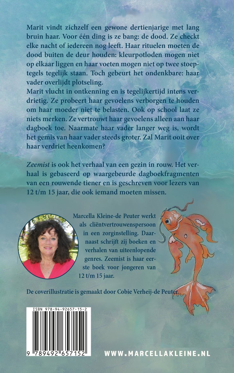 Boekomslag met illustratie van een vrouw en een goudvis, met tekst.