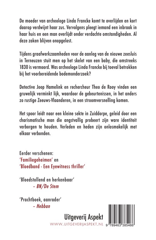 Achterkant van het boek "Duister verleden" met tekst en een barcode.