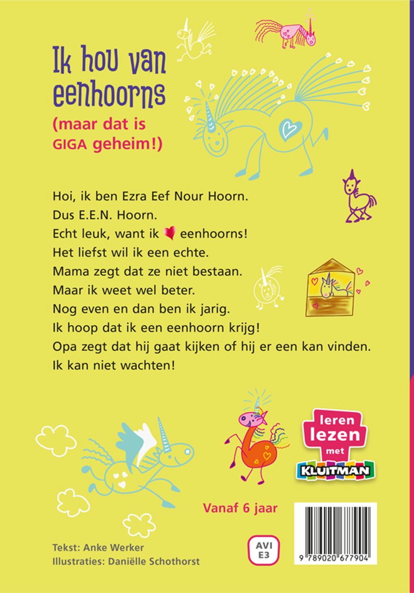Achterkant van het boek 'Ik hou van eenhoorns' met tekst en tekeningen van eenhoorns.
