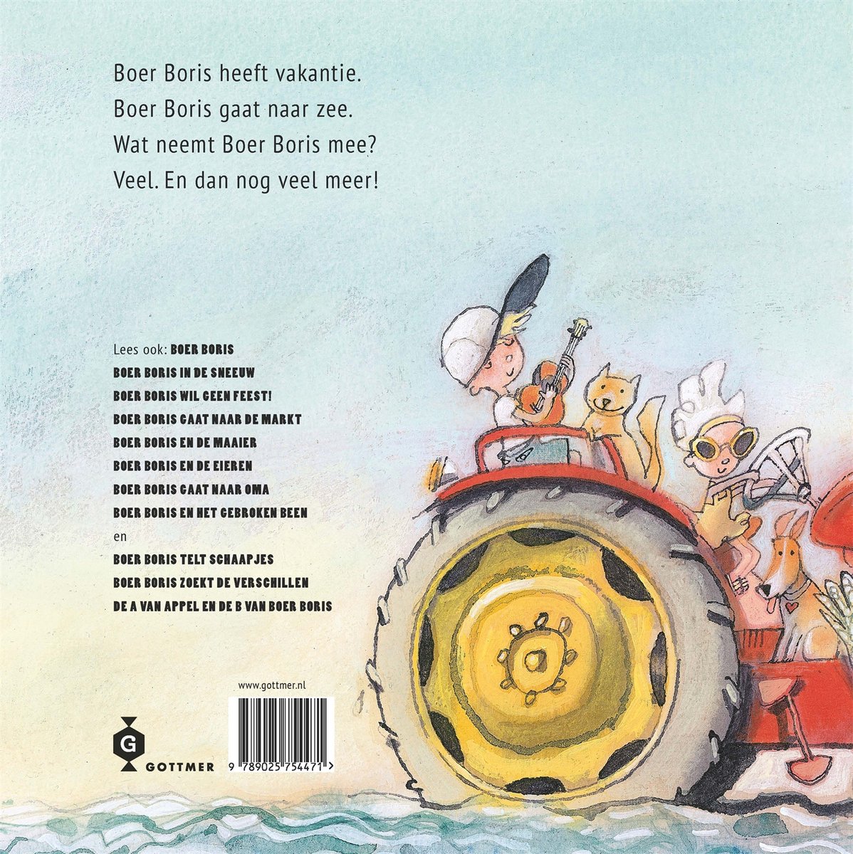 Tractor met dieren en passagiers op weg naar zee.