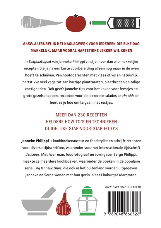 Boek met de titel 'Bakplaatbijbel', met illustraties van kookgerei en ingrediënten zoals een rode appel, wortel, pepermolen en ui.