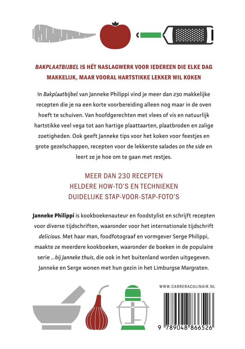 Boek met de titel 'Bakplaatbijbel', met illustraties van kookgerei en ingrediënten zoals een rode appel, wortel, pepermolen en ui.