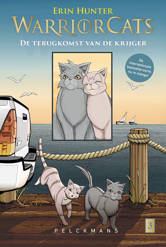 Deux chats au premier plan, Grijsstreep et Millie, avec une image de deux chats au centre. Mer avec un bateau à l'arrière-plan.