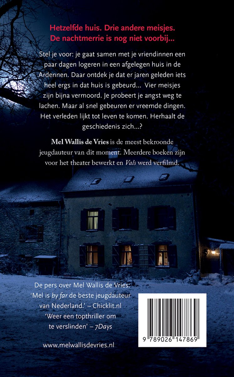 Boekcover met tekst 'Hetzelfde huis. Drie andere meisjes. De nachtmerrie is nog niet voorbij...' en een afbeelding van een donker huis bij nacht.