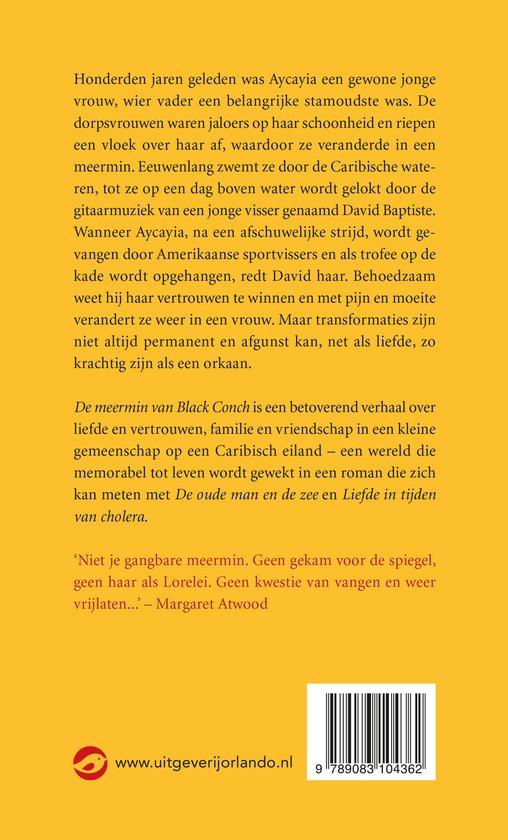 Boekomslag van 'De meermin van Black Conch' met tekst en een afbeelding van een rode cirkel, twee palmbomen, een zeemeermin met blauwe staart en getatoeëerde vrouw.
