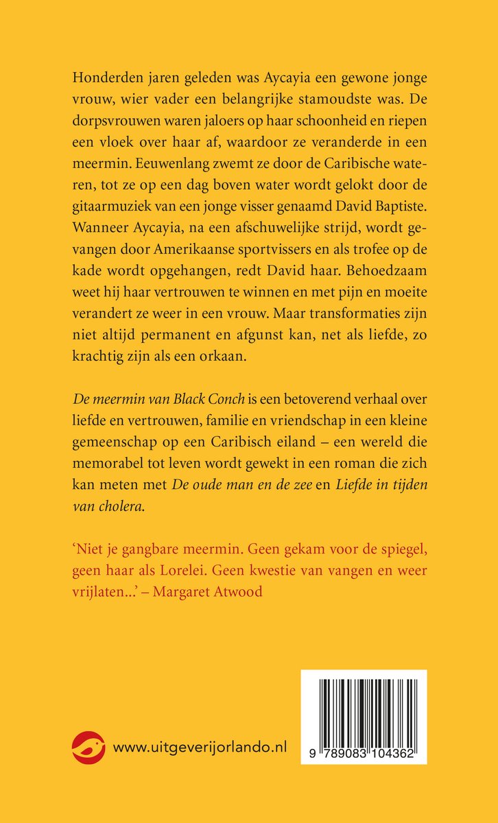 Boekomslag van 'De meermin van Black Conch' met tekst en een afbeelding van een rode cirkel, twee palmbomen, een zeemeermin met blauwe staart en getatoeëerde vrouw.