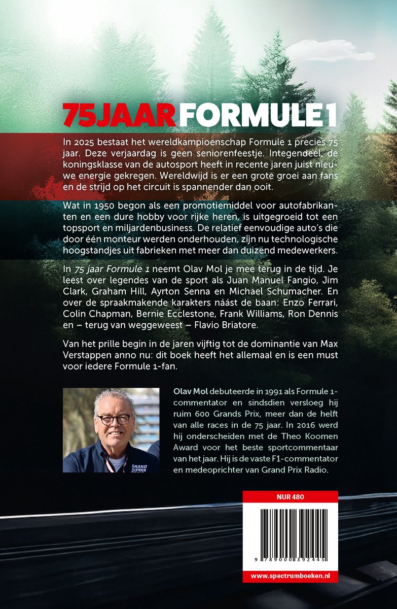 Omslag van het boek '75 Jaar Formule 1' met een foto van Olav Mol en tekst.