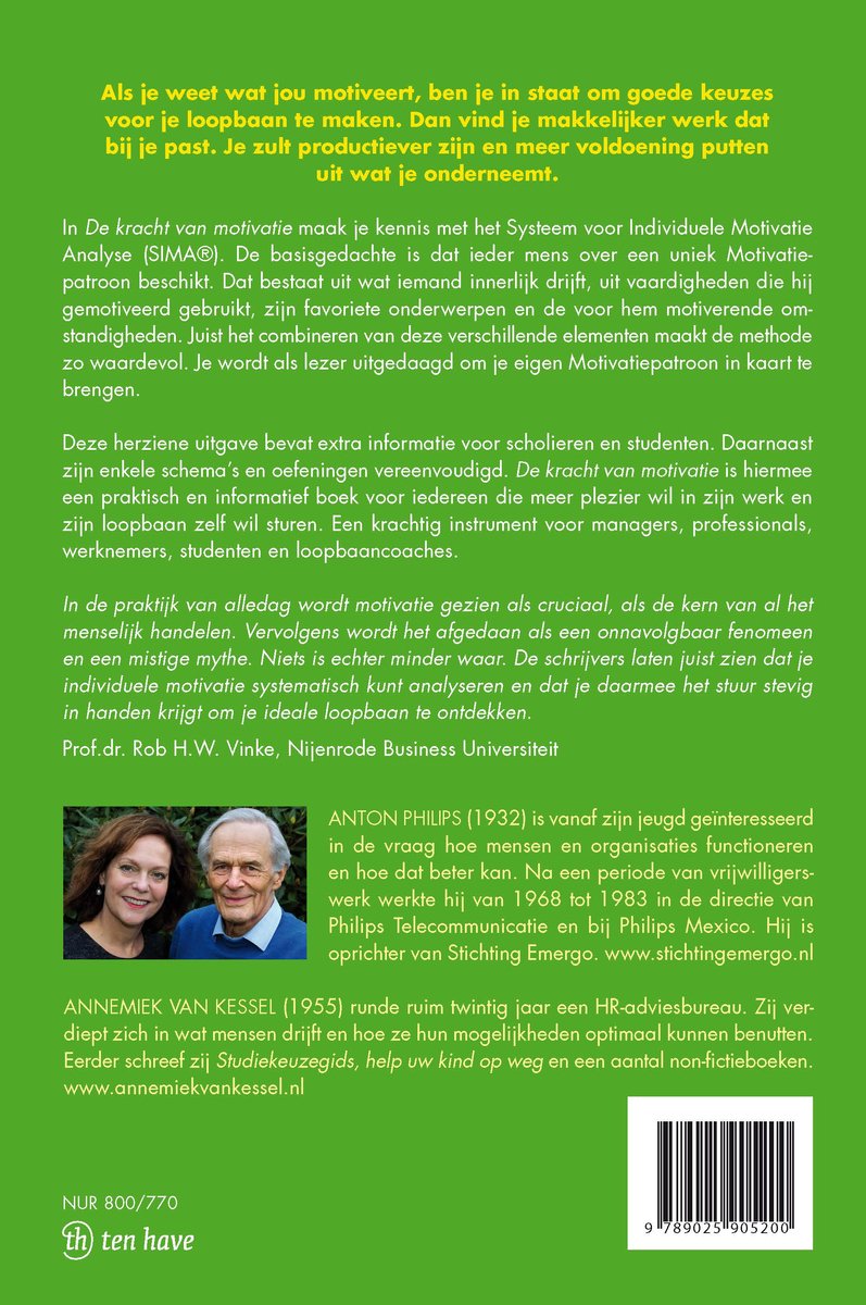 Achterkant van het boek 'De kracht van motivatie' met foto's van de auteurs Anton Philips en Annemiek van Kessel.