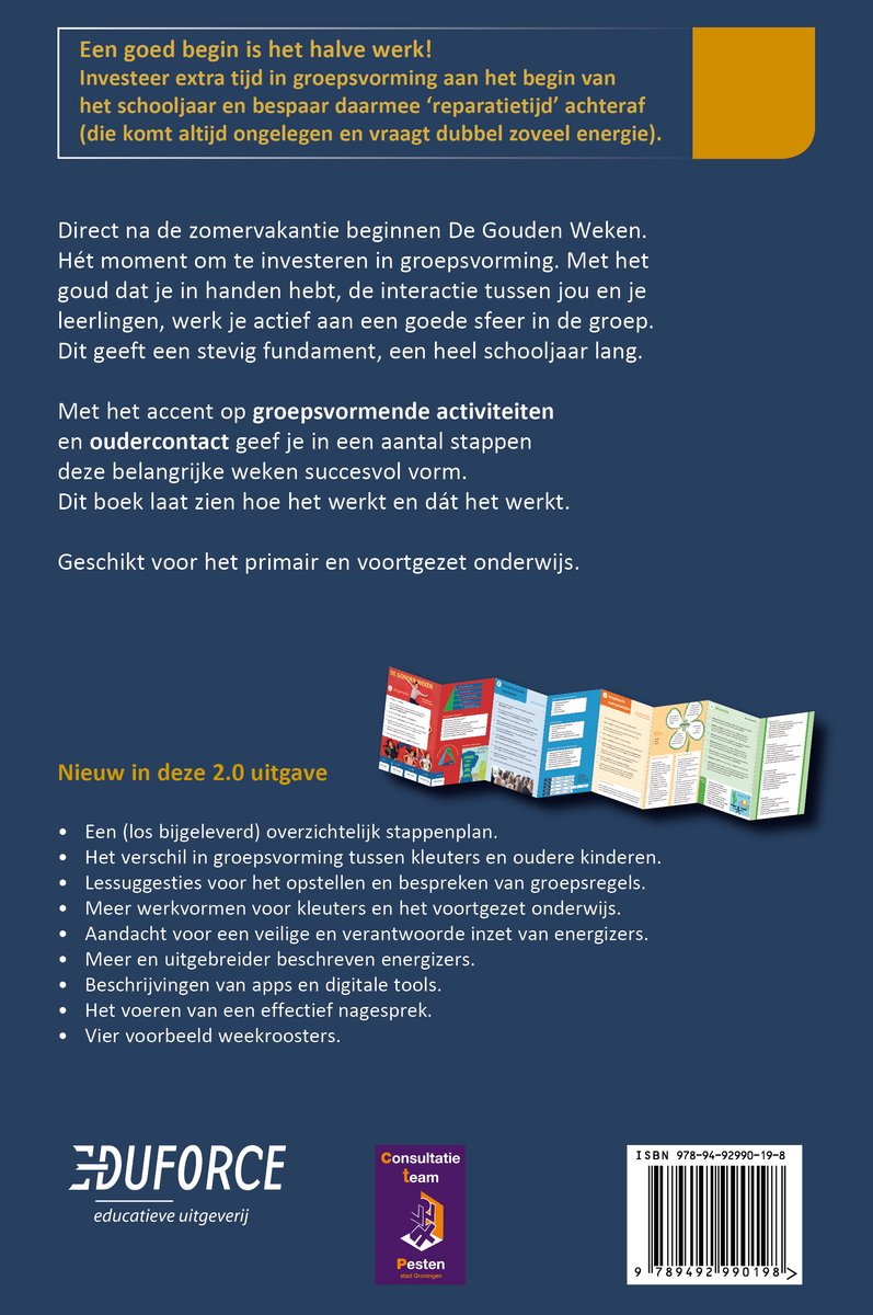 Boek met de titel De Gouden Weken 2.0. Achterkant met informatie over de inhoud en een opvouwbare brochure met 5 gekleurde secties.