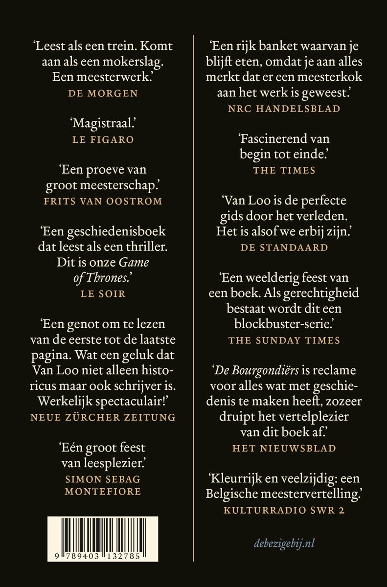 Achterkant boek 'De Bourgondiërs' met recensies, ISBN en streepjescode.