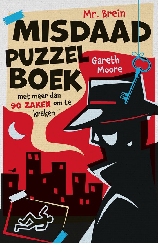 Boekomslag van 'Mr. Brein Misdaadpuzzelboek' door Gareth Moore. Detective in silhouet voor stad. Sleutel hangt aan een touwtje.