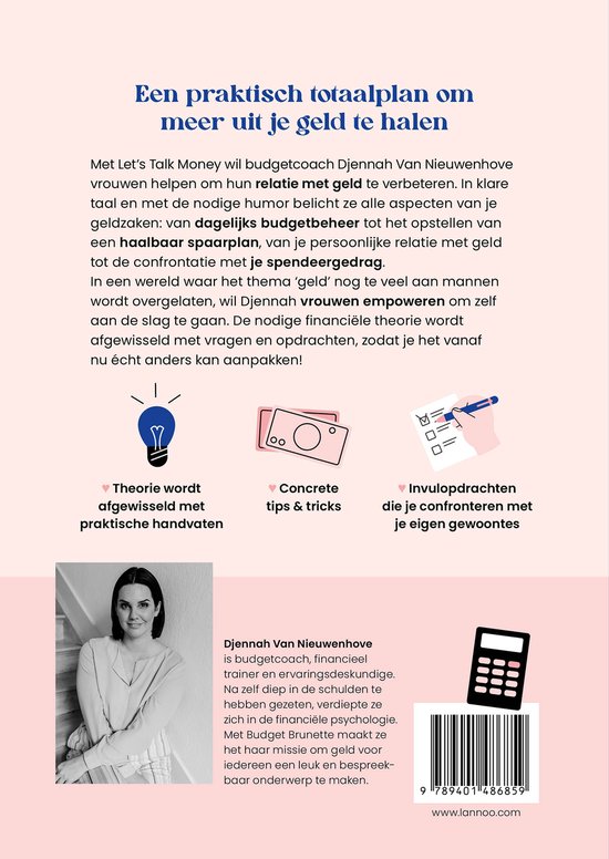 Een boek met de titel 'Een praktisch totaalplan om meer uit je geld te halen'. Op de cover een vrouw die lacht met een lampje en geldbiljetten met tekst.