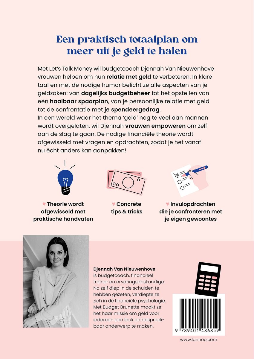 Een boek met de titel 'Een praktisch totaalplan om meer uit je geld te halen'. Op de cover een vrouw die lacht met een lampje en geldbiljetten met tekst.