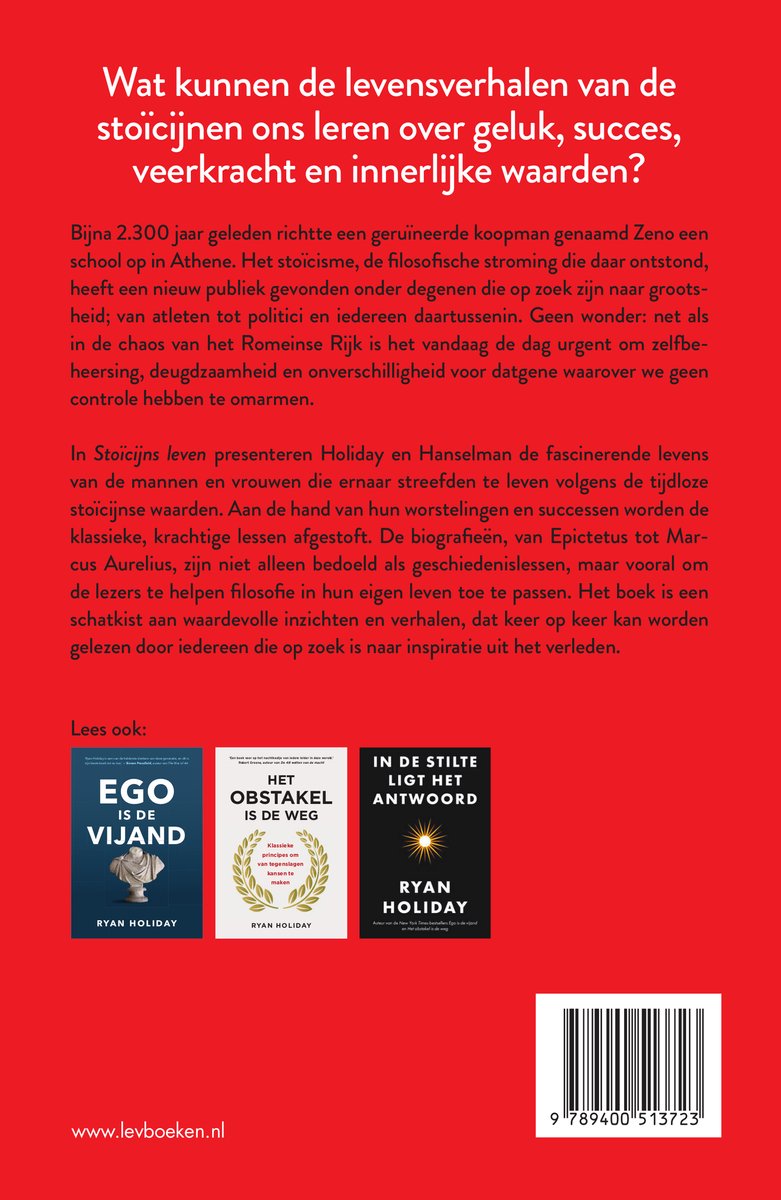 Achterkant van het boek 'Stoïcijns Leven' met tekst, drie boekcovers en een barcode.