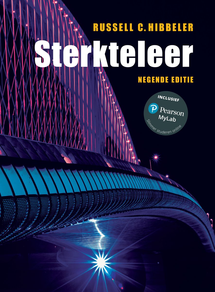 Boekomslag van 'Sterkteleer' met Russell C. Hibbeler. De titel en de negende editie zijn in witte letters. Een brug met blauwe en rode verlichting op de achtergrond.