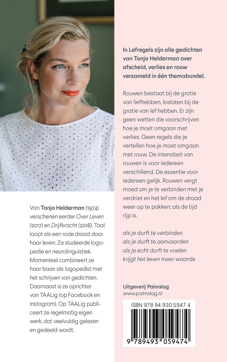 Boek met een portret van Tanja Helderman, schrijfster van Lefregels. Tekst over Tanja Helderman en het boek.