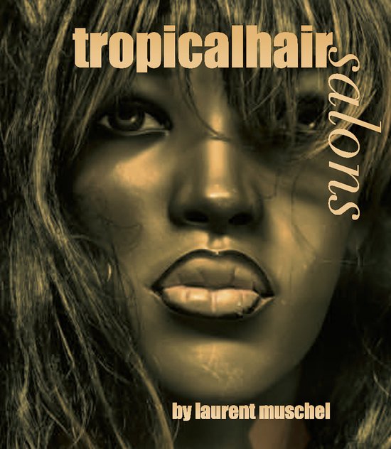 Close-up van een donkergetinte paspop met golvend bruin haar en de tekst 'tropicalhair salons'.