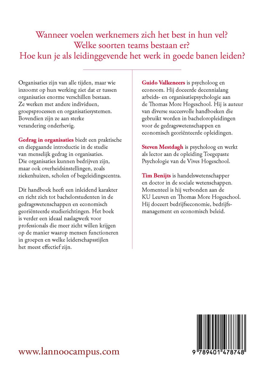 Achterkant van het boek 'Gedrag in organisaties'. Tekst en auteursinformatie. Streepjescode met nummer 9789401478748.