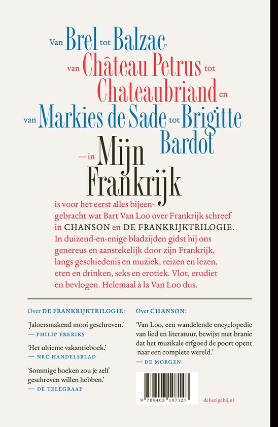 Boekomslag van 'Mijn Frankrijk' met tekst over Balzac, Chateaubriand en Bardot.
