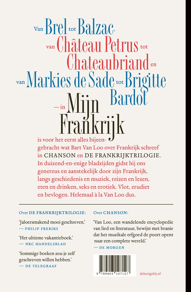 Boekomslag van 'Mijn Frankrijk' met tekst over Balzac, Chateaubriand en Bardot.