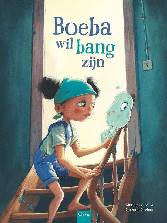 Boekcover: Meisje met blauwe bandana en tuinbroek op een trap met een blauw monstertje.