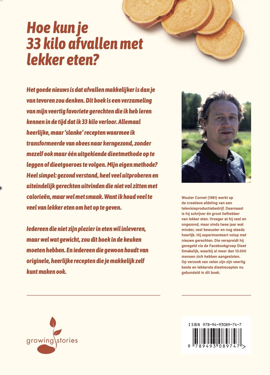 Boek 'Hoe kan je 33 kilo afvallen met lekker eten?' met tekst en een portret van auteur Wouter Cornet, met bataat op de achtergrond.