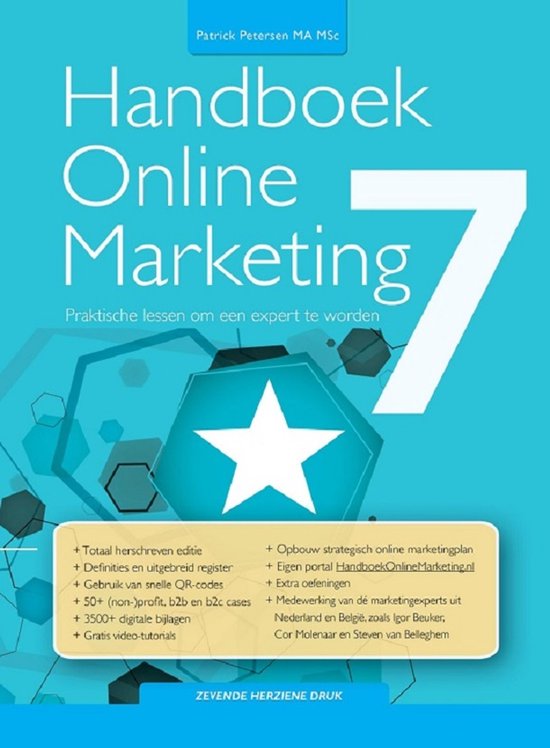 Boekomslag van "Handboek Online Marketing 7" met een grote witte 7, een witte ster op een blauwe hexagon en tekst.