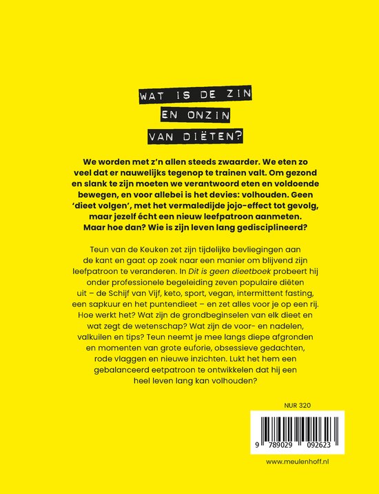 Couverture de livre 'Dit is geen dieetboek' avec texte et détails du livre