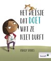 Boekomslag met een meisje en een kat, titel: Het meisje dat DOET wat ze NIET DURFT.