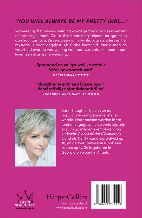 Achterflap van Karin Slaughter's boek. Bevat een foto van de auteur en tekstuele recensies.