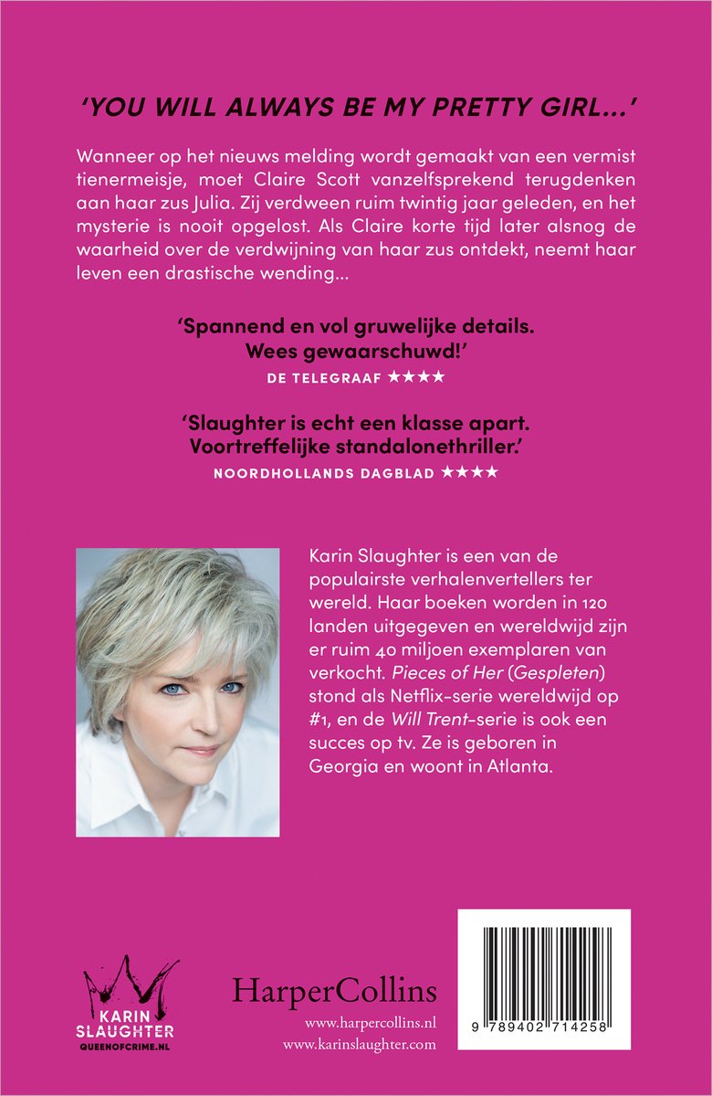 Achterflap van Karin Slaughter's boek. Bevat een foto van de auteur en tekstuele recensies.