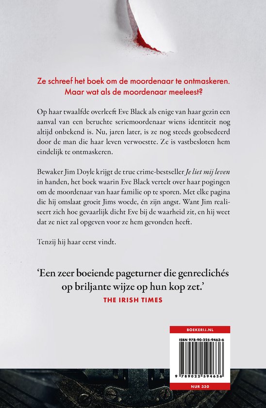 Achterkant van het boek 'Je liet mij leven' met tekst en een rode veeg.
