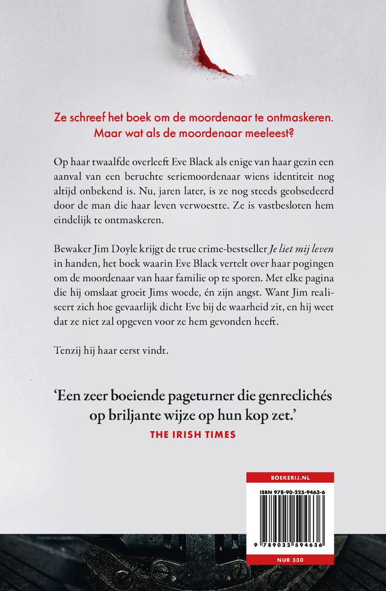 Achterkant van het boek 'Je liet mij leven' met tekst en een rode veeg.