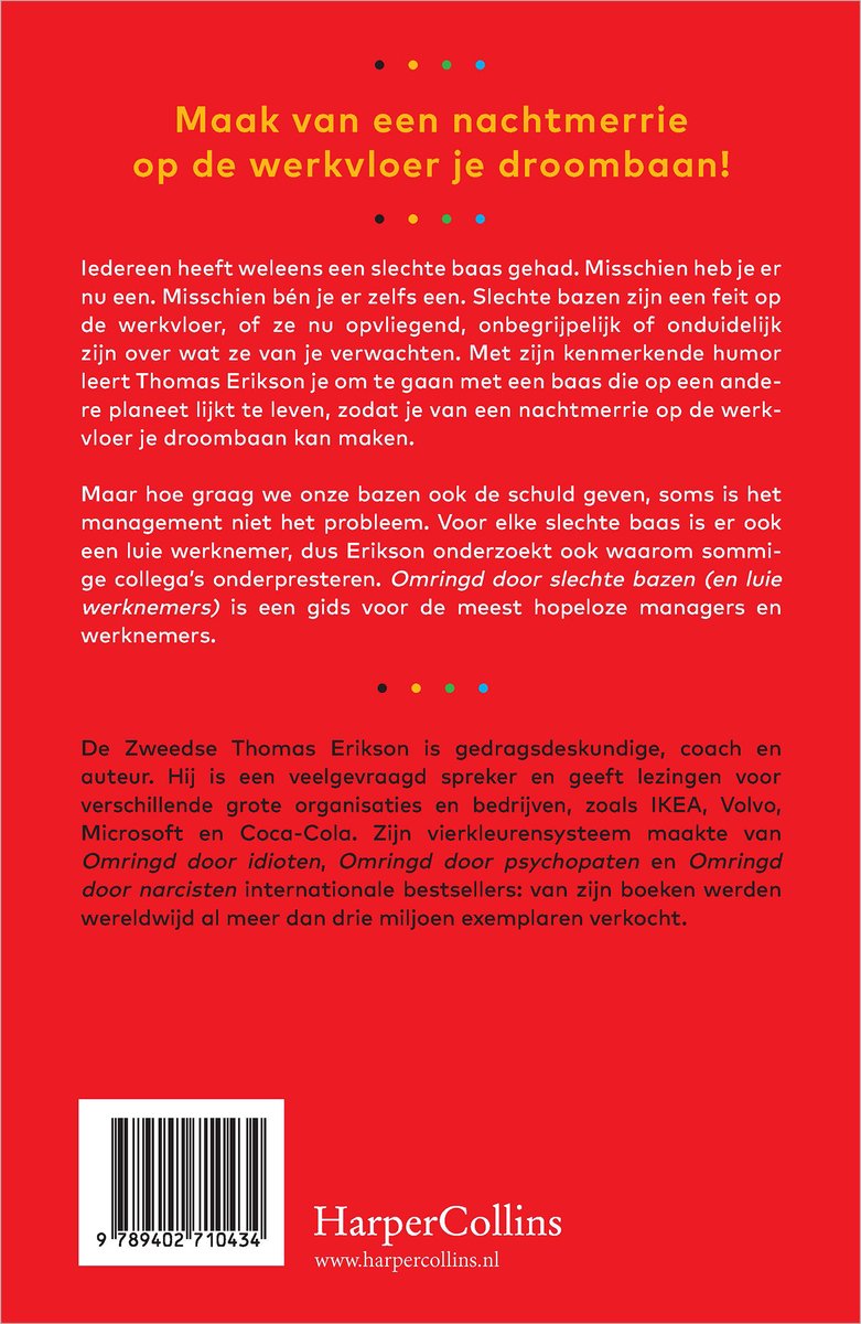 Boek "Maak van een nachtmerrie op de werkvloer een droombaan!" met tekst op een rode achtergrond.