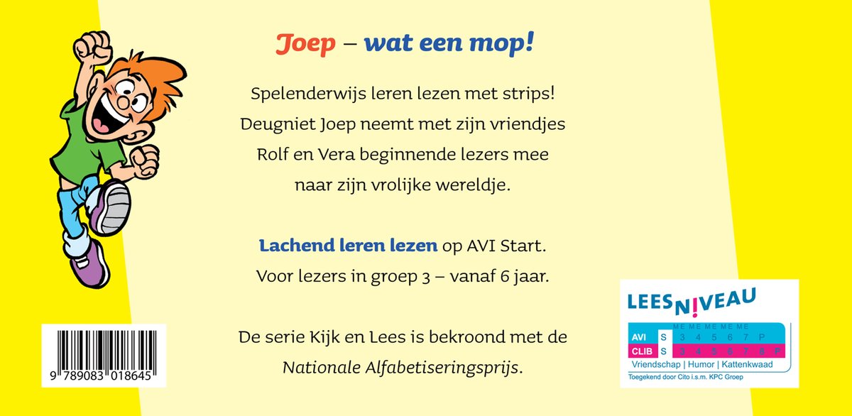 Een jongen met rood haar, gekleed in een groene trui en paarse schoenen, juicht. De tekst zegt 'Joep - wat een mop!' en beschrijft het boek.