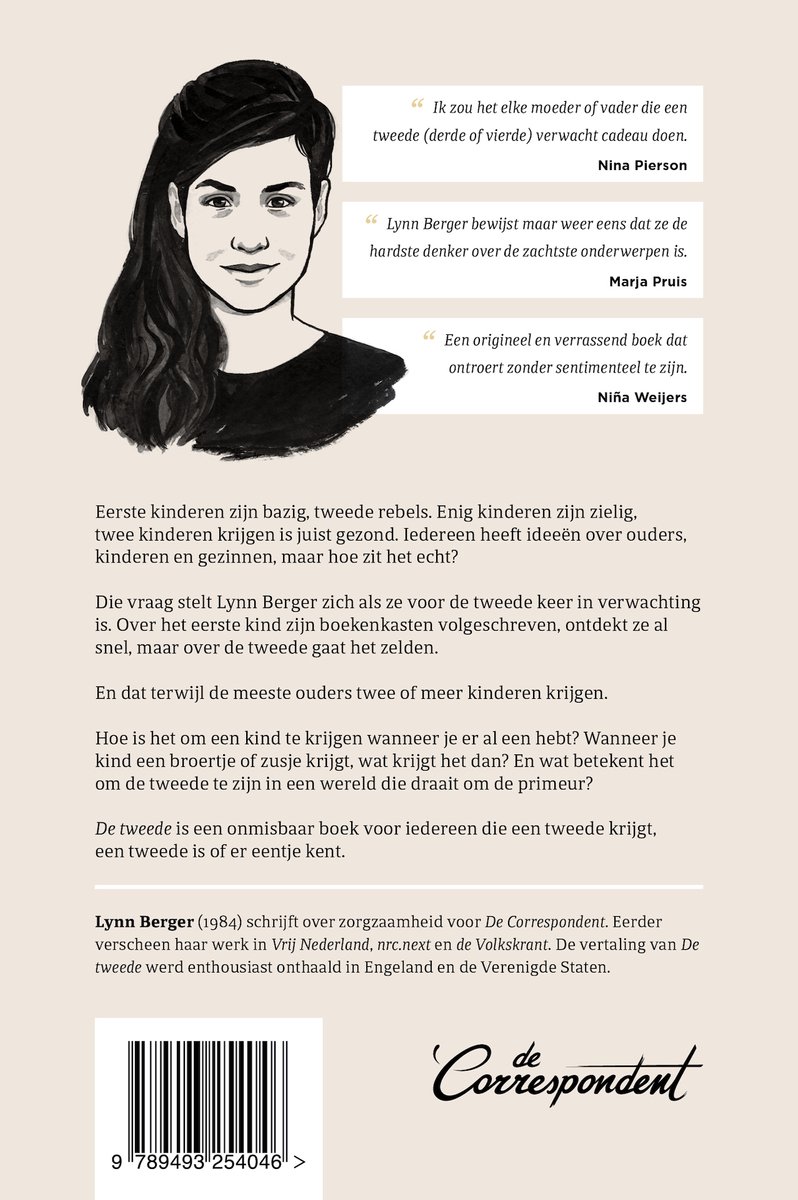 Achterkant van het boek 'De Tweede' met een tekening van een vrouw en citaten. Tekst van de auteur: Lynn Berger.