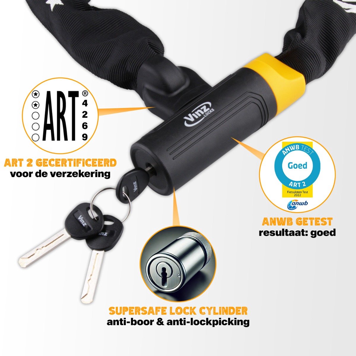 VINZ Salado ART 2 Fietsslot 200 cm - ANWB Slotentest: GOED - Lang ART 2 Sterren Kettingslot vr Verzekering Elektrische Fietsen, Bakfietsen, E-bikes & Fatbike Slot - 3 Sleutels thumbnail 2