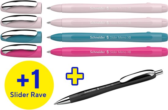 Schneider balpen - Slider Memo - doosje 4 + 1 gratis Slider Rave - S-150255