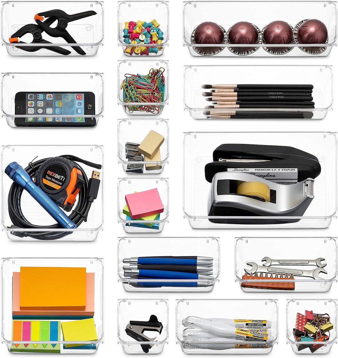 Behave Lade Organizer Bakjes - Keuken - Kantoor - Make Up - Organizers - Lade Verdeler - Multifuntioneel - Transparant - 16 Stuks