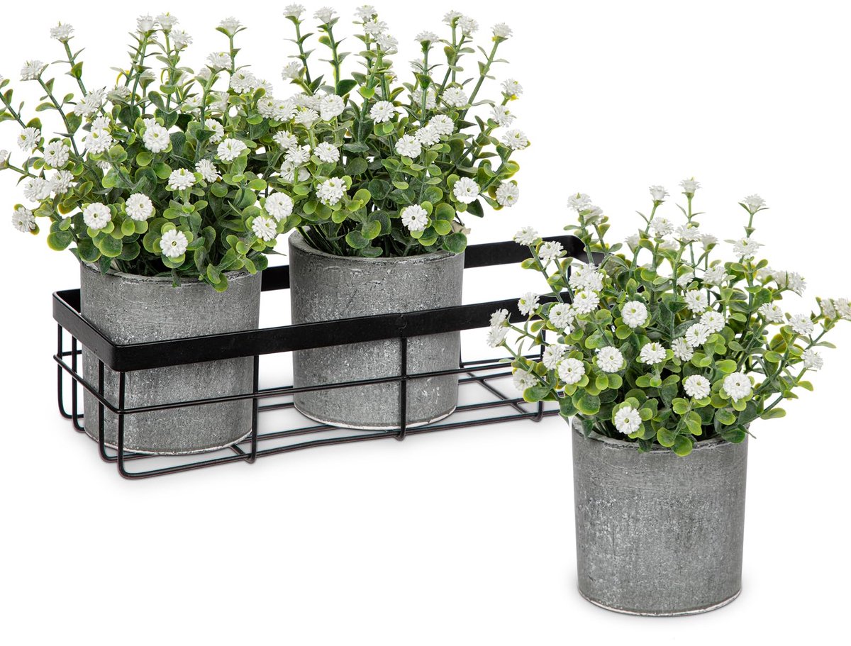 Unyqoos ® Set van 3 kunstkunstbloemen in pot met metalen mand, kunstbloemen als echte gypsophila, decoratieve bloemen voor thuis, raam, badkamer decoratie wit