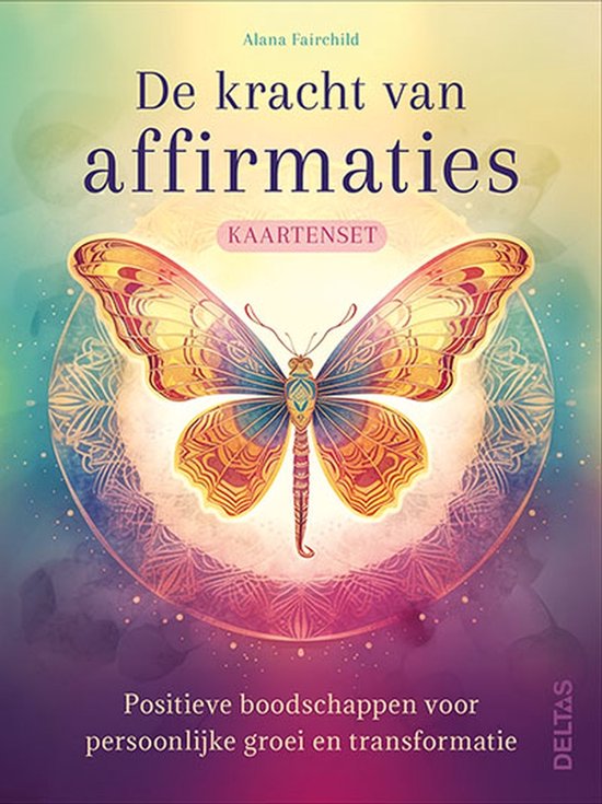 Boek De kracht van affirmaties kaartenset met een kleurrijke vlinder en cirkel.
