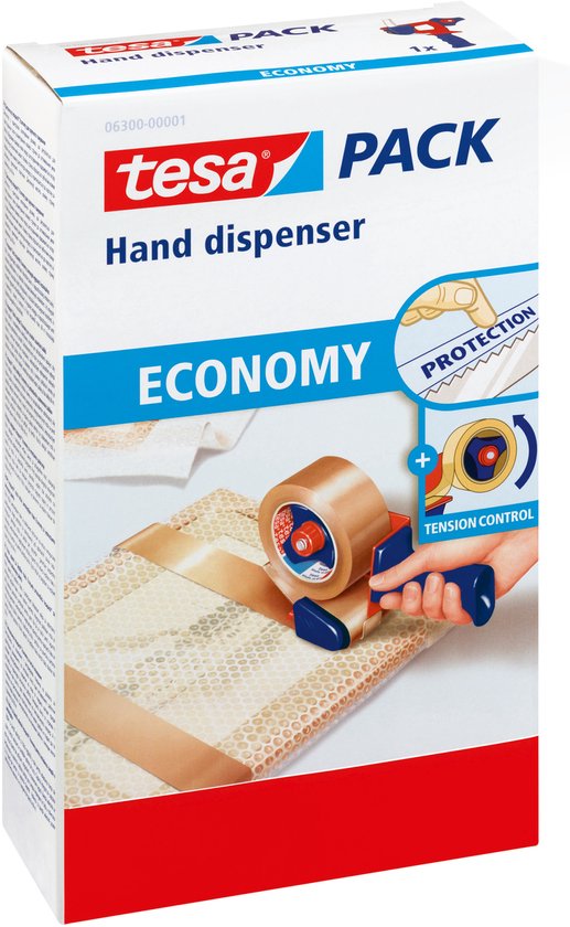 Verpakking van tesa PACK Hand dispenser ECONOMY met rol tape en beschermingsillustratie.